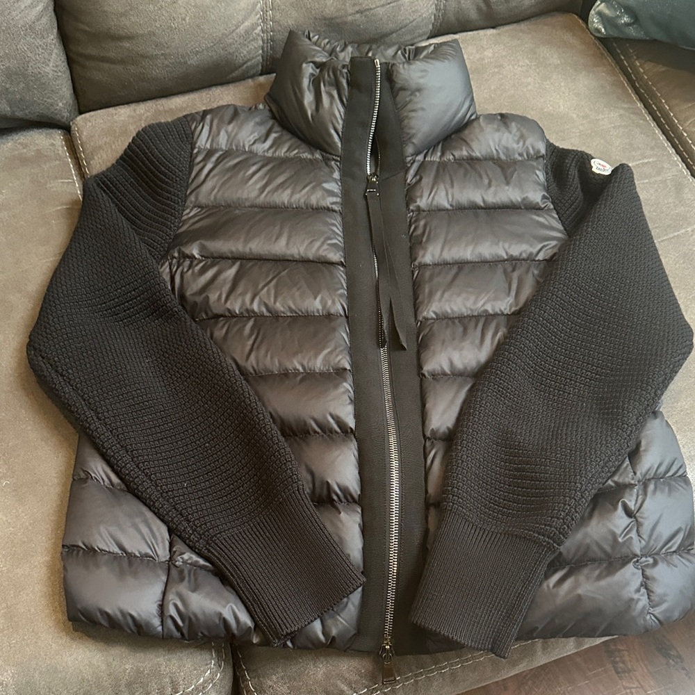 Moncler Black Quilted Jacket with Knit Sleeves